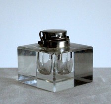 großes Art Deco Tintenfass, 20/30er Jahre, Kristallglas Block, Chromarganmontur