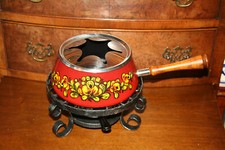 VINTAGE 70er  Emaille Fonduetset Topf Spiritus Brenner Gestell Schmiedeeisen