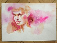 Aquarell, Portrait Gemälde Original Signiert, Frau 55 cm x 39,5 cm  Riesig