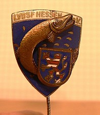 Angeln, Fischen, LVDSF Hessen e.V., Anstecknadel mit Hecht + Wappen Hessenlöwe