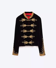 ♥️ ZARA WOMAN SAMT VELOURS VINTAGE MILITARY BLAZER JACKE SCHWARZ GOLD