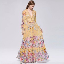 Damen langes kleid floral gelb - langes,