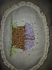 Landhausstil Kissen,Blumen Korb, Gestick, Handgenäht,Leinen, Baumwollspitze