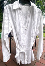 Damen - Longbluse Hemd Gr 40 weiß gestreift Langärmel lang Gürtel Steve Kettell
