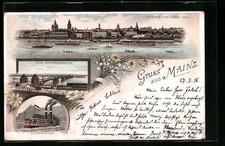 Lithographie Mainz, Neue Strassenbrücke, Panorama von Castel aus, Rheindampfer 