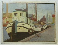 (H844) Ölgemälde "Segelboot im Hafen" Künstler: unbekannt