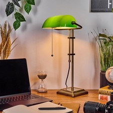 Vintage Banker Tischlampe & Schreibtischleuchte, Metall & Glas, Altmessing/Grün