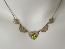 Art Deco Kette Collier Messingfarben Grün Glas Vintage Bauhaus Stil 5,4 g/42 cm