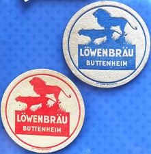 2 verschiedene alte Bierdeckel Löwenbräu Buttenheim um 1952 mit Impressum