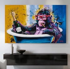 XL LEINWAND BILD BIS 165x100x5 LUSTIGER AFFE BUNTES WANDBILD GEMÄLDE TIERE SEKT