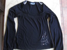 Shirt, Bluse Gr. XS von TDTDT Schwarz Ausschnitt gesmokt elastisch Motiv top
