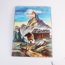Schöne alte Wandplatte Wandbild Keramik  Berge Haus als Motiv Berghütte Vintage