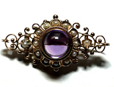 Antik 8 K Gold 333 Brosche Amethyst Cabochon Orientperlen Historismus Saatperlen