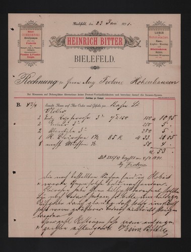 Bielefeld rechnung 1891 - bielefeld,,