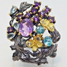 Amethyst Apatit Topas Ring 925 Silber 585 Gelbgold vergoldet 18,6 mm 58,5