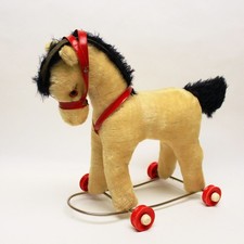 Vintage Plüschpferd auf Rollen Ziehpferd Ziehtier – Antikes Spielzeug – 50/60er