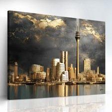 Leinwand Bild Düsseldorf Skyline Gold Grau Abstrakt Gemälde Wandbilder  8649