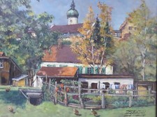 Wolfgang Hellmaier (1917 München -) Gemälde Ländlicher Bauerngarten m. Federvieh