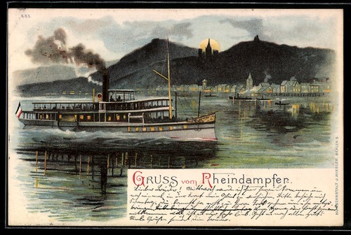 Lithographie rheindampfer - lithographie,