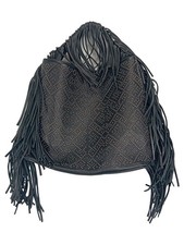 Uterqüe Beuteltasche Damen Schwarz Leder Nieten Fransen Bohemian 40x30cm
