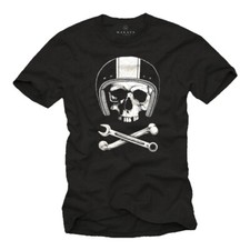 Motorrad Herren T-Shirt mit Skull & Helm - Männer Rockabilly Totenkopf Shirt