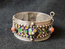 Berber Silber Armreif zum Öffnen Koralle Emaille Armband Ethnische Handarbeit 