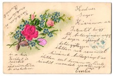 Stoff-Präge-AK Rosenblüte und -knospe mit Vergissmeinnicht 1900 
