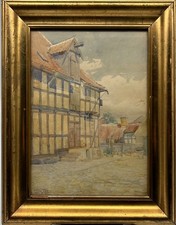 Aquarell 1920 Dänemark im Bilderrahmen Altes Fachwerkhaus Speicher 45 x 35 cm