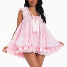 Satini Satin Sissy Babydoll Rüschen Spitze Nachthemd Negligee Cosplay Nachtwäsche Kleid