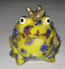 Keramik Spardose Froschkönig mit goldener Krone und Blumen ca. 10 cm hoch