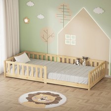 Kinderbett Holzbett Lattenrost Einzelbett Rausfallschutz Bett 90 x 200 cm Natur