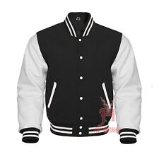 Varsity Jacke Gothic College Bomber Unisex Schwarz Wolle Weiß Leder Retro