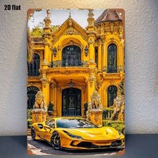 Blechschild Ferrari F8 Tributo vor Villa Vintage Metallschild TEL4042