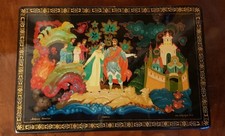 Alte Russische Lackdose Schatulle  Lupenmalerei Lackmalerei kyrillisch signiert