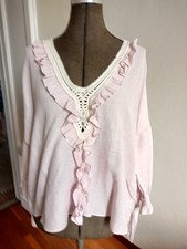 Zara Basic Damen Shirt Bluse Leinen Mix Rosa Weiß Creme Spitze Rüsche