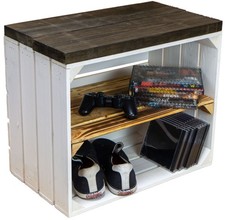 Sitzkiste Holz mit Stauraum – Obstkiste & Bohlenbrett – Geflammt & Weiß Geflammt