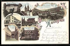 Lithographie Amorbach, Fürstliches Palais, Abteikirche, Bahnhof, Gotthard-Ruine 