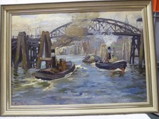 Gemälde Willy Tiedjen - Hafenszene mit Schleppern - Öl /Leinwand - 25265