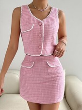 Damen Premium Kostüm Tweed Chenille Rosa mit Perlen  gr L 40 / 42