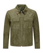 Herren grüne Leder Trucker Jacke 100 % reines Wildleder weiches Leder...