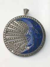JUGENDSTIL SILBER Anhänger Brosche LAPISLAZULI MOND SEHR SELTEN AUSGEFALLEN 29gr