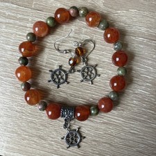 Handgefertigtes Perlen Armband und Ohrringe Set Orange & Braun Mehrfarbig Rund