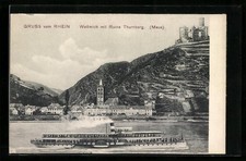 Ansichtskarte Wellmich /Rhein, Ort mit Ruine Thurnberg, Dampfer Rheingold 