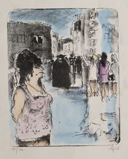 Werner Lichtner-Aix Straßenszene Frauenbildnis signiert Lithografie oJ 54/100