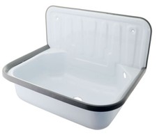 Ausgussbecken aus Stahl weiß mit Überlauf für Keller Garten, B-Ware