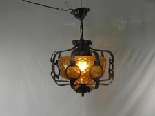 Hängelampe Deckenlampe Schmiedeeisen Design Antik Rar Vintage Strukturglas o14d1