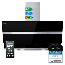 Dunstabzugshaube 90cm Kopffreie Wandhaube Edelstahl schwarzes Glas WLAN