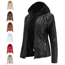 Damen Leder jacke Bikerjacke Kunstleder Übergangs Mantel Abnehmbarer Hoodie