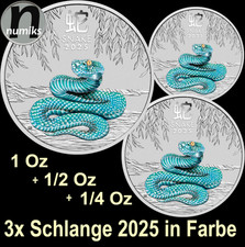 3x SNAKE SCHLANGE in Farbe 2025 Australien - 1 Oz + 1/2 Oz + 1/4 Oz Silber Set