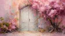 Wandbild: Holztür mit rosa Kirschblüten im Hintergrund. Digitale [...]